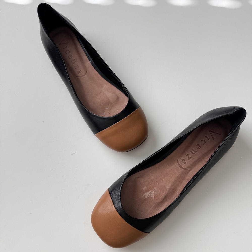 Vicenza Black Leather Two Tone Cap Toe Square Toe Ballet Flats Size 7 Brazil - Picture 7 of 10